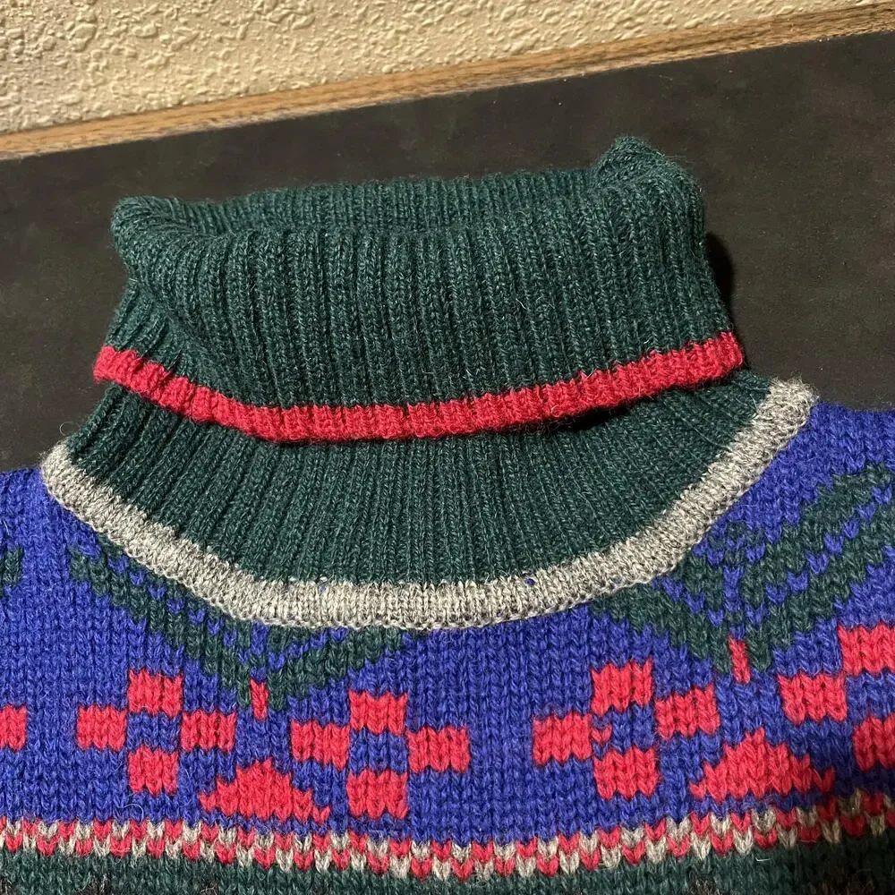 Vintage Eddie Bauer Moose Sweater Knit Wool Turtleneck Fair Isle 90s Lopapeysa